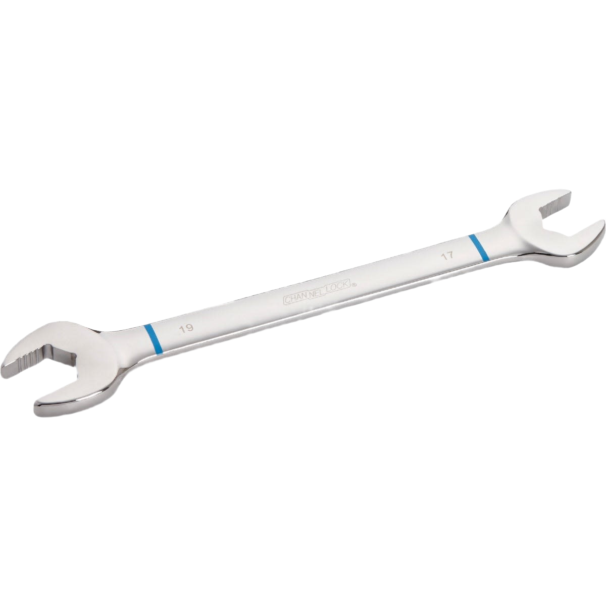 Double-ended open wrench with 17mm and 19mm metric sizes in polished steel for tools and home improvement tasks