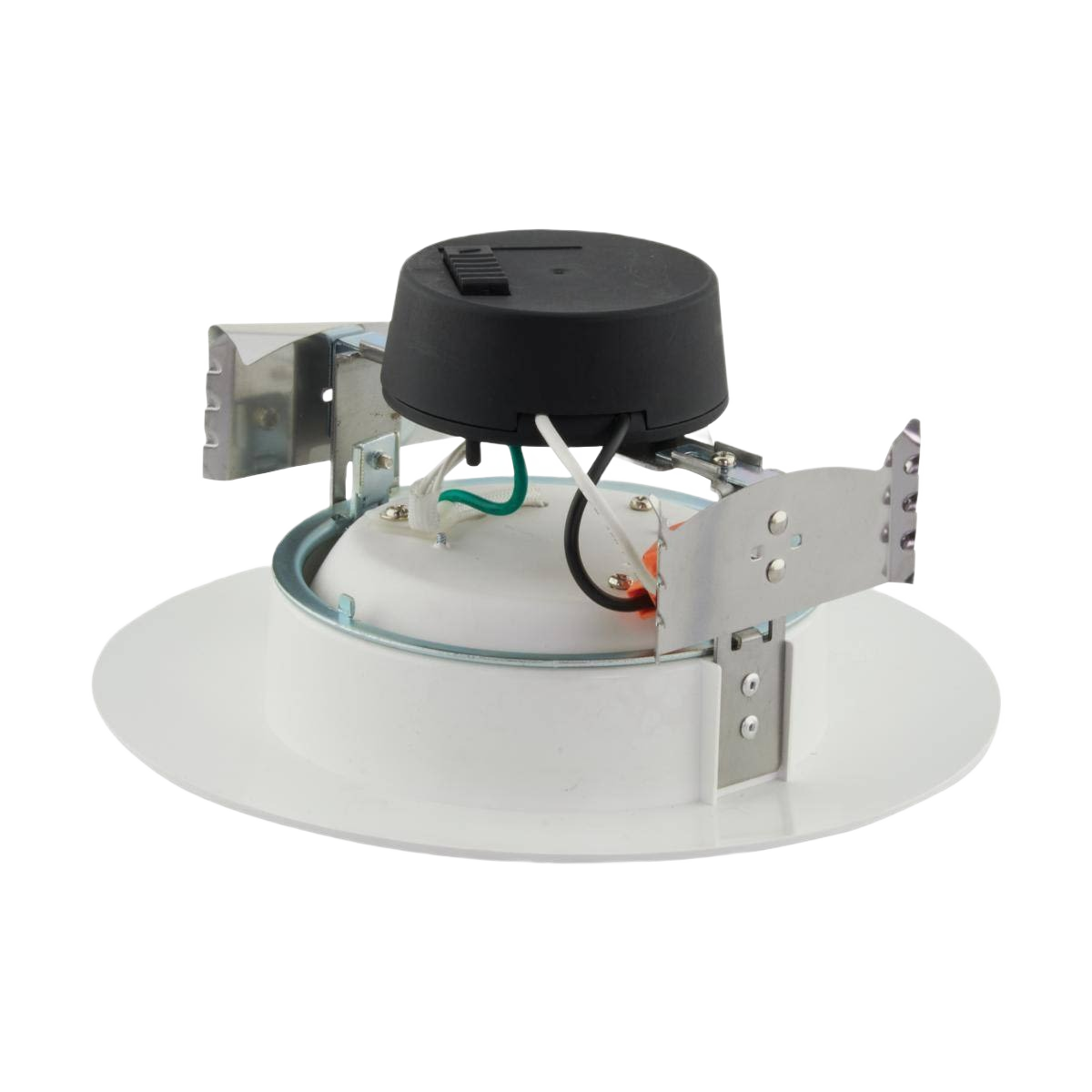 White LED retrofit downlight with metal mounting brackets and wiring for residential and commercial home improvement projects
