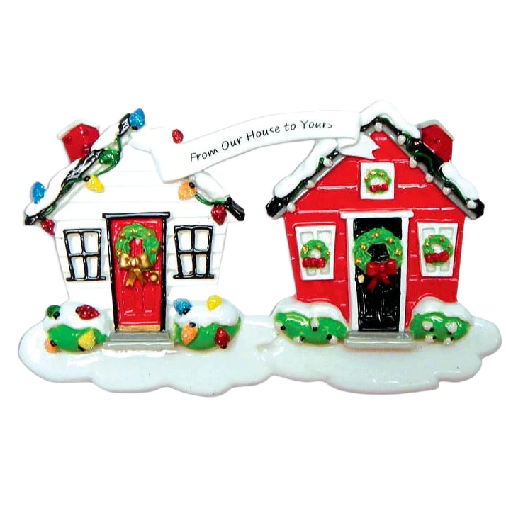 Pair of festive red and white houses ornament with wreaths and holiday lights for Christmas Ornaments & Tree Decorations collection
