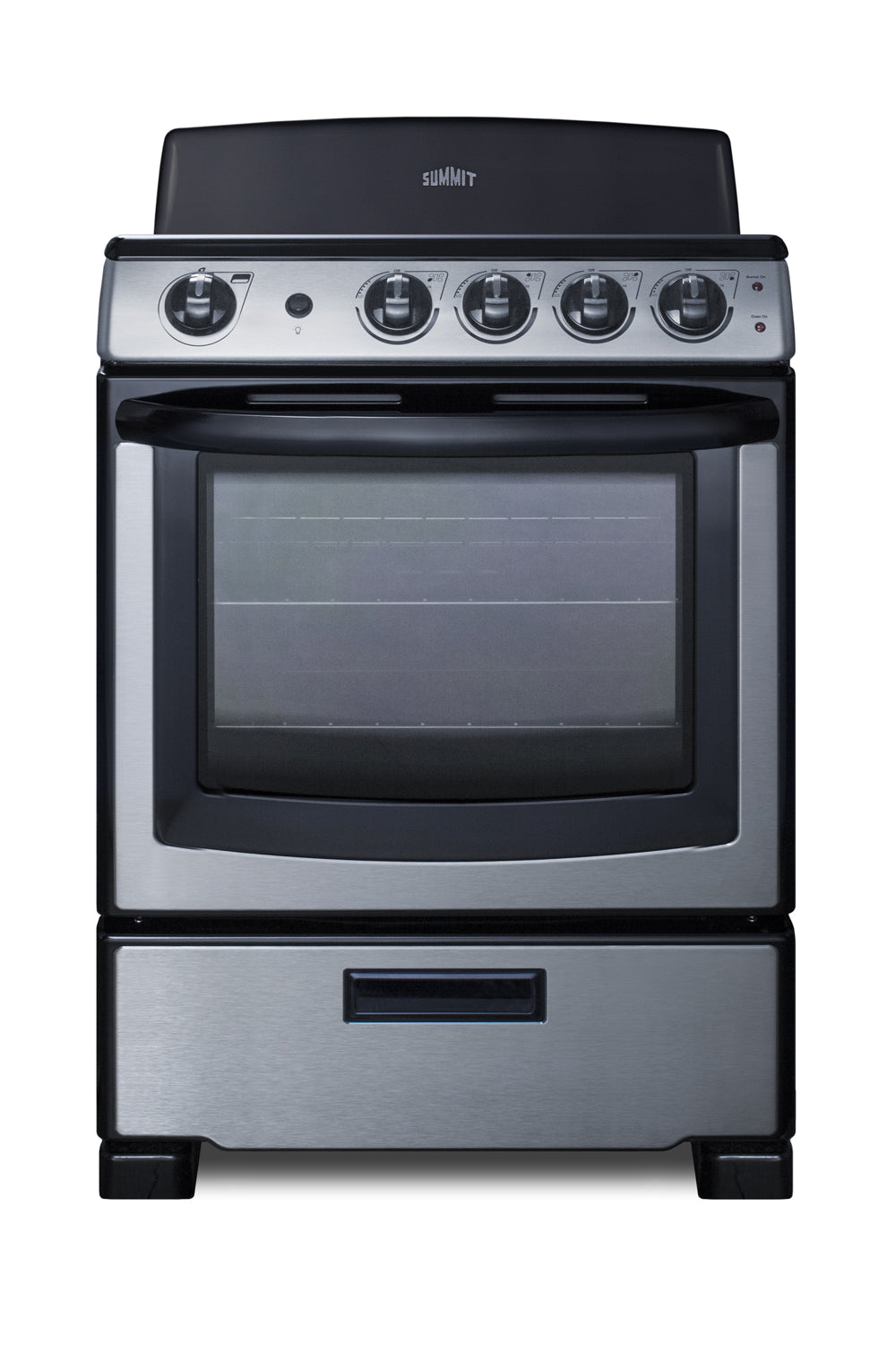 Compact stainless steel electric coil range with oven window, control knobs, and storage drawer for kitchen appliances collection