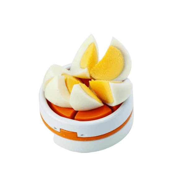 Orange and white kitchen gadget with wedge slots creating uniform hard-boiled egg pieces for salads and sandwiches