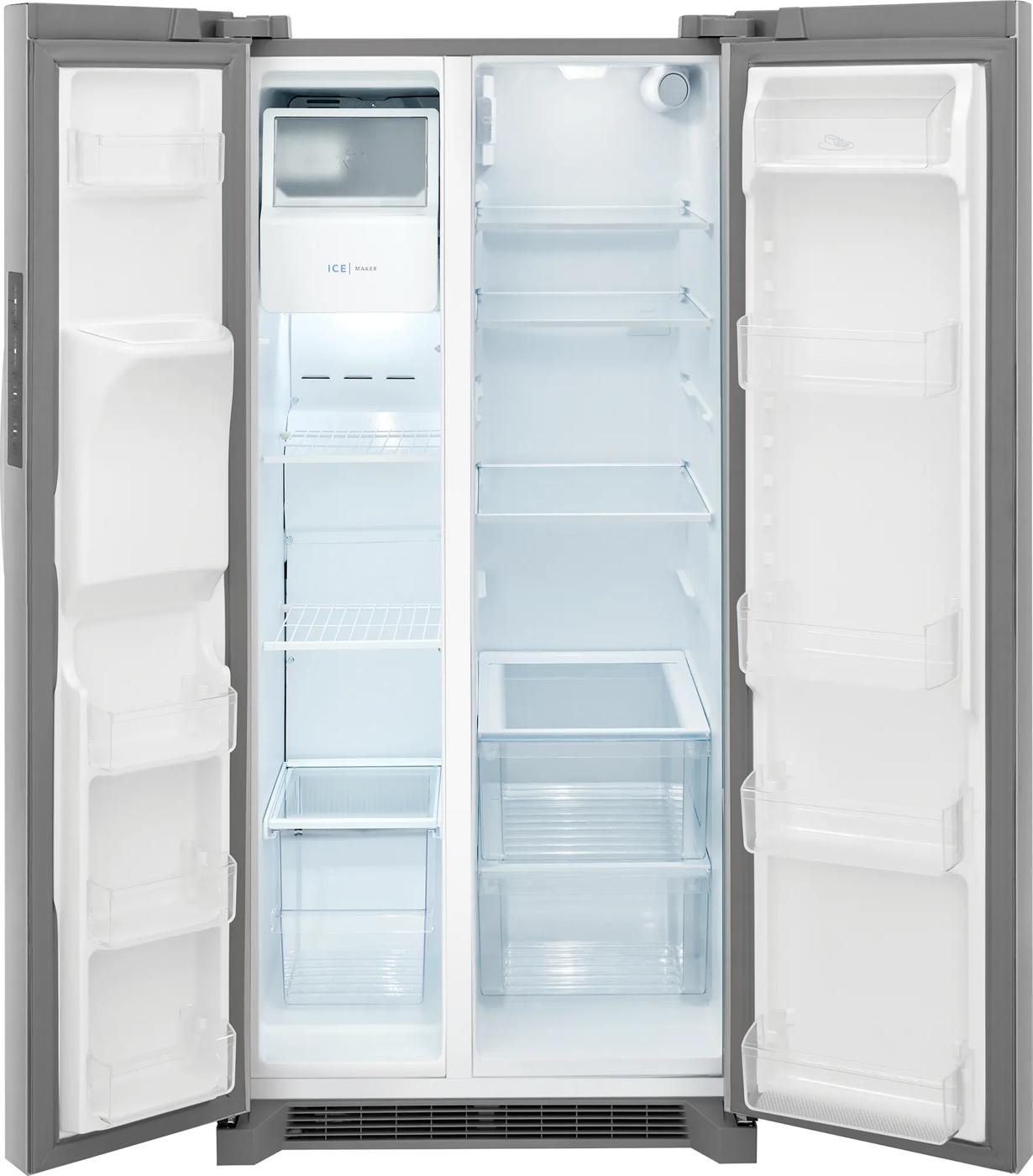 Open 22 Cu. Ft. side-by-side refrigerator with adjustable shelves and clear drawers in kitchen appliances collection