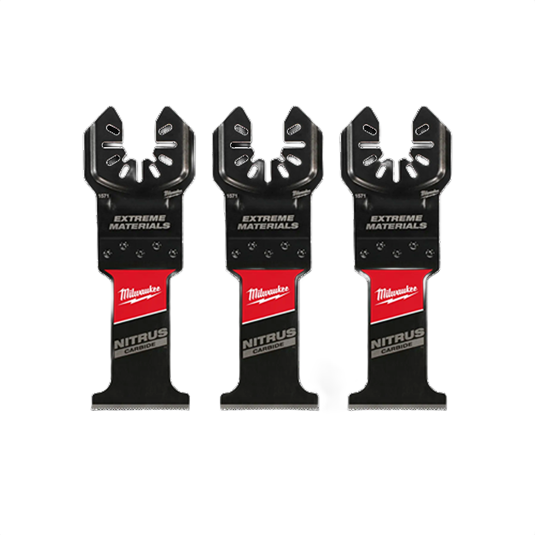 Set of three Milwaukee NITRUS CARBIDE™ multi-tool blades for power tool accessories and home improvement tasks.