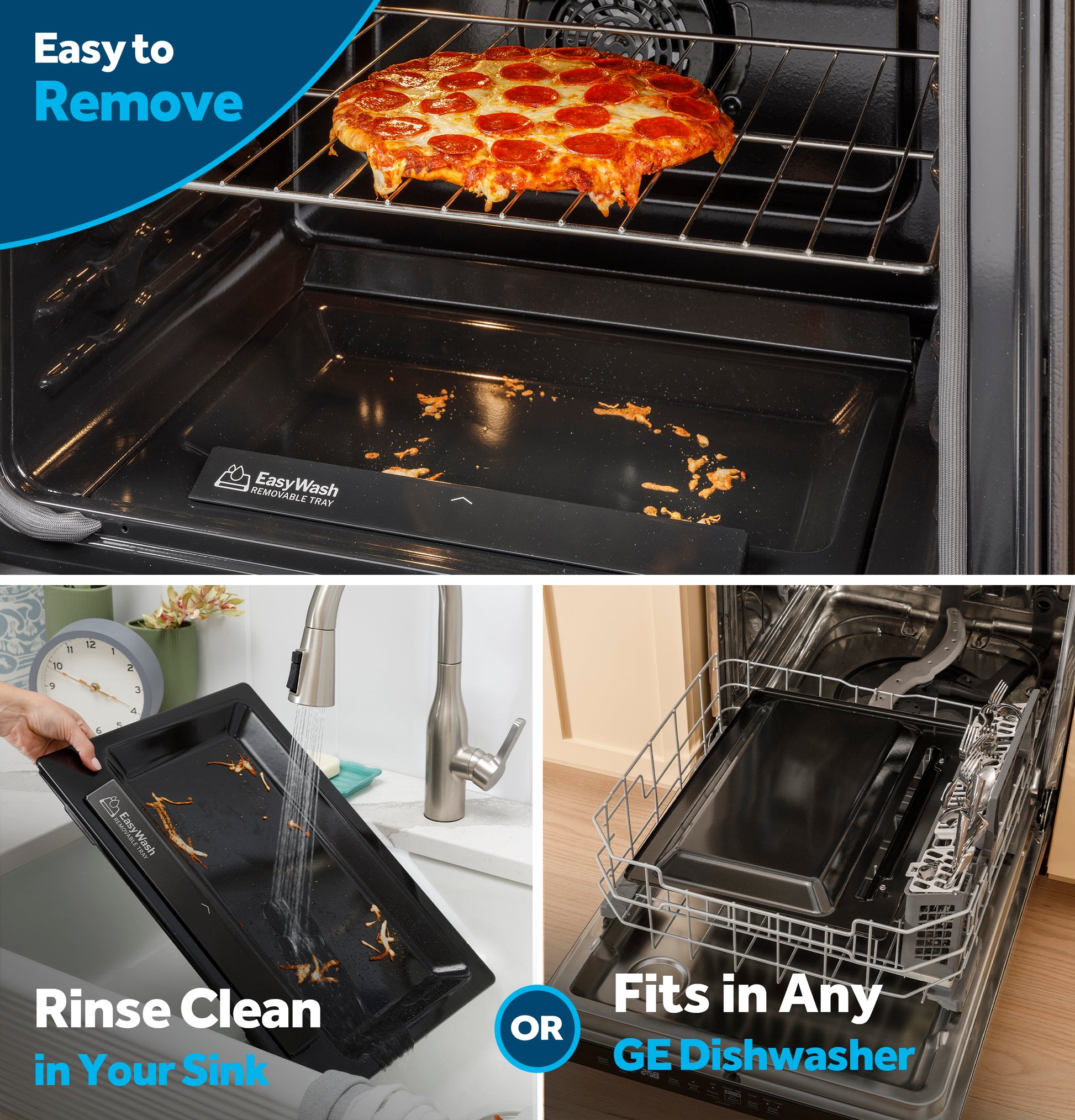 Pizza baking inside electric oven with removable EasyWash oven tray rinsed in sink and fitting in GE dishwasher
