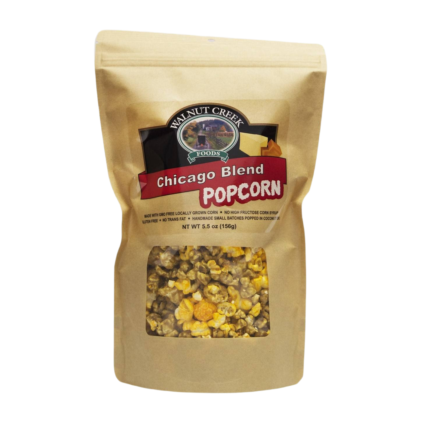 Brown kraft paper pouch of Walnut Creek Chicago Blend popcorn with clear window showing mixed flavors from Chips & Snacks collection