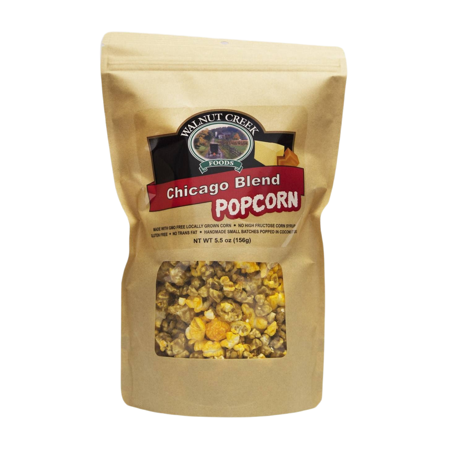 Brown kraft paper pouch of Walnut Creek Chicago Blend popcorn with clear window showing mixed flavors from Chips & Snacks collection