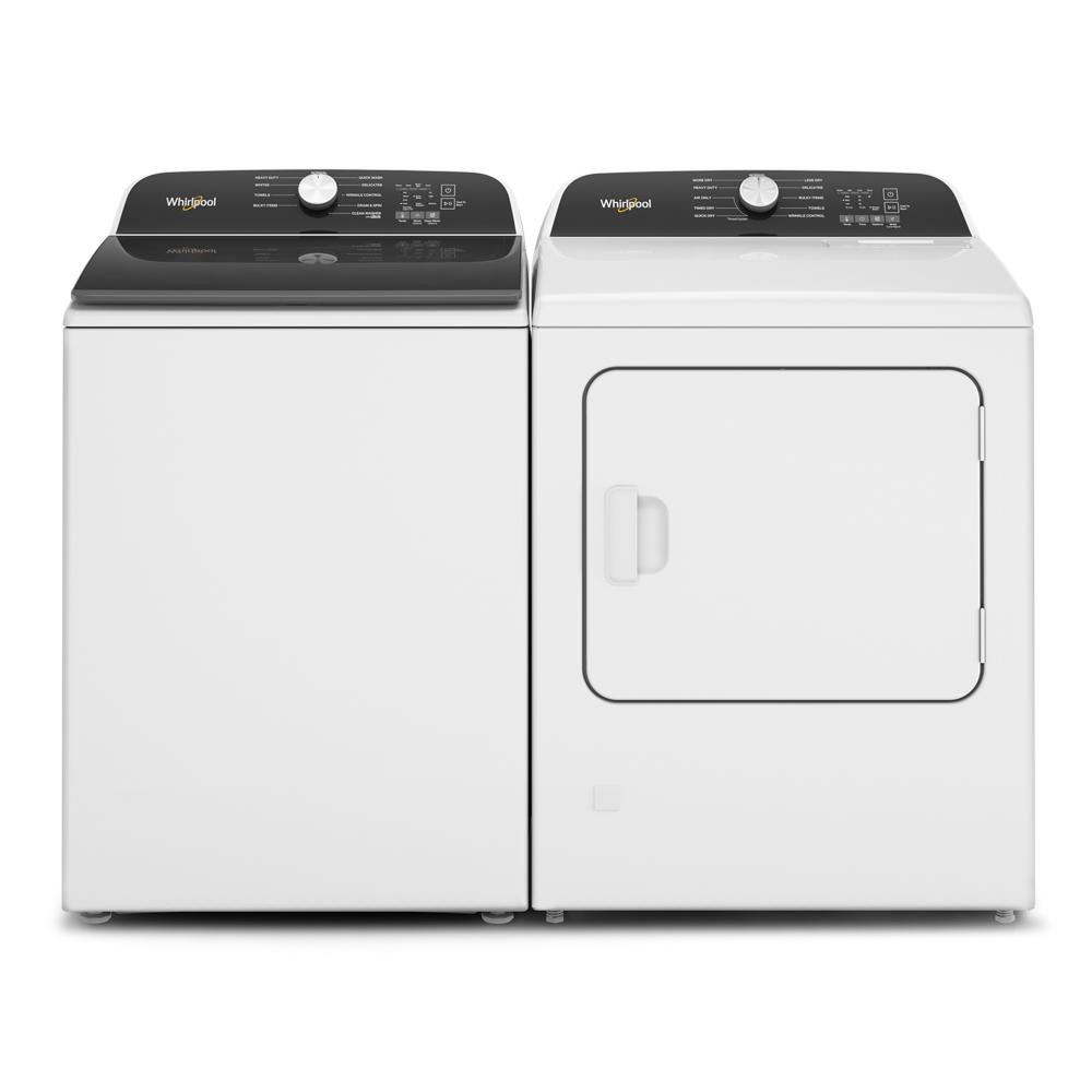 Front view of matching white washer and long vent gas dryer with black control panels in appliances collection