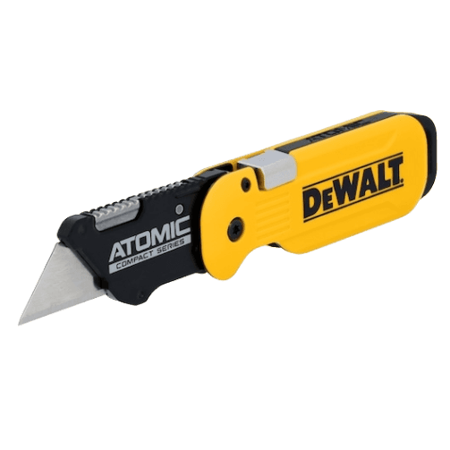 Compact yellow and black push and flip folding utility knife in Dewalt Hand Tools for woodworking and home improvement collections
