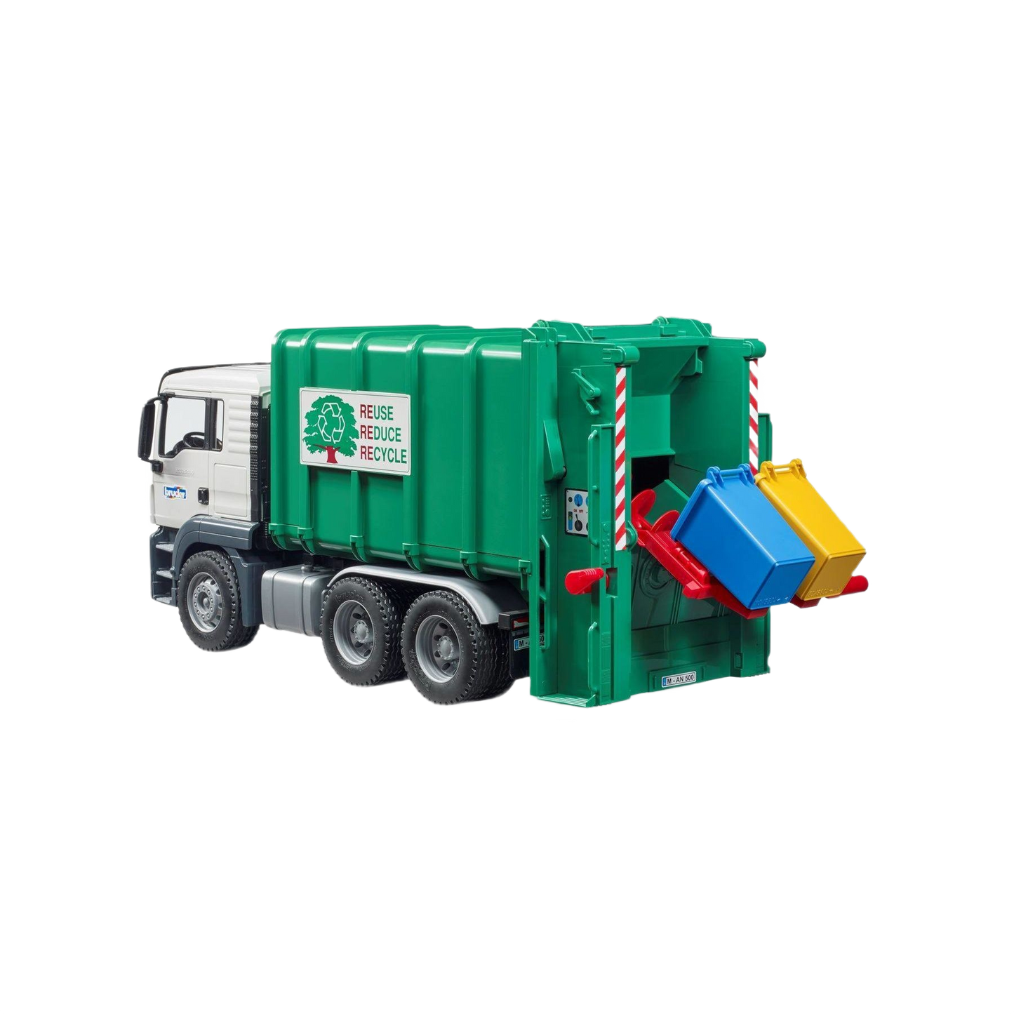 Green rear-loading toy garbage truck with recycling bins, part of Bruder Toys in Vehicles & Remote Controlled Toys collection