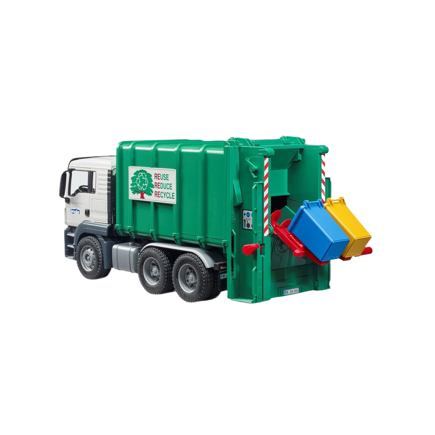 Green rear-loading toy garbage truck with recycling bins, part of Bruder Toys in Vehicles & Remote Controlled Toys collection