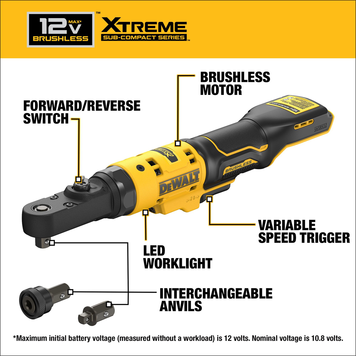 DEWALT 12V MAX* 3/8" & 1/4" Brushless Cordless Sealed Head Ratchet (Tool Only)
