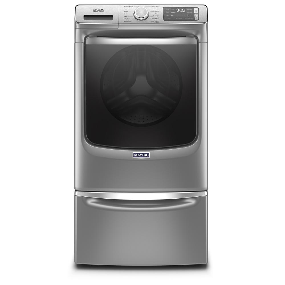 Smart silver front load washer with large tinted door and digital control panel in washers and appliances collection