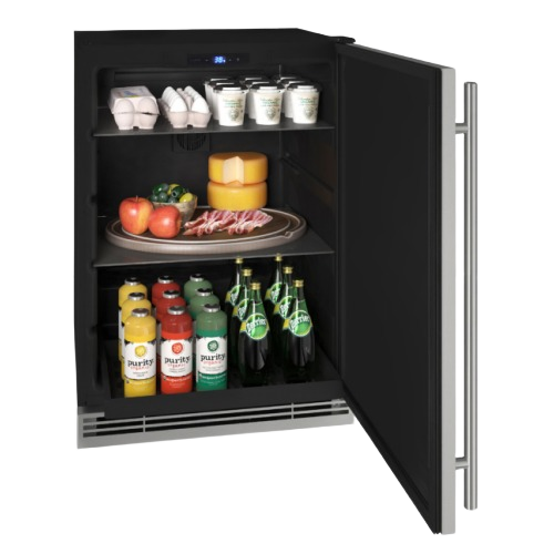Black counter-depth refrigerator with open door showing beverages, cheese, fruit, and eggs from Appliances collection