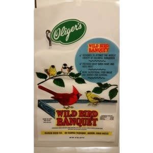Bag of Oliger’s Wild Bird Banquet seed mix with illustrations of various colorful birds on branches for bird feeding