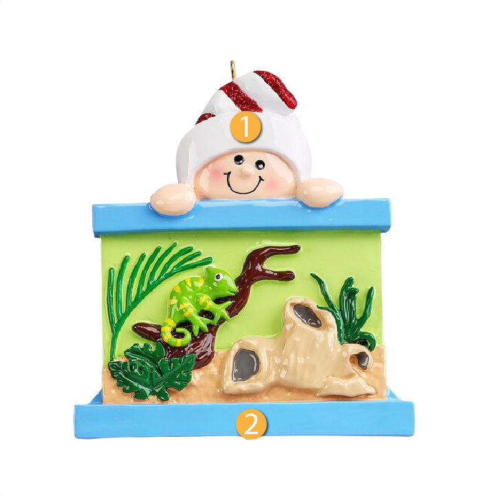 Cheerful figure peeking over a reptile terrarium ornament with green chameleon and plants from Christmas collection