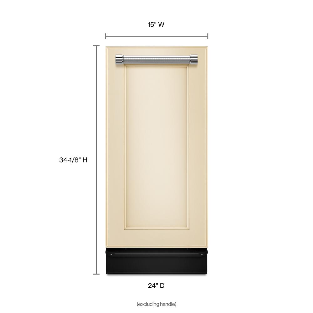 Panel-ready built-in trash compactor with beige front panel and stainless steel handle for kitchen and home appliances collection