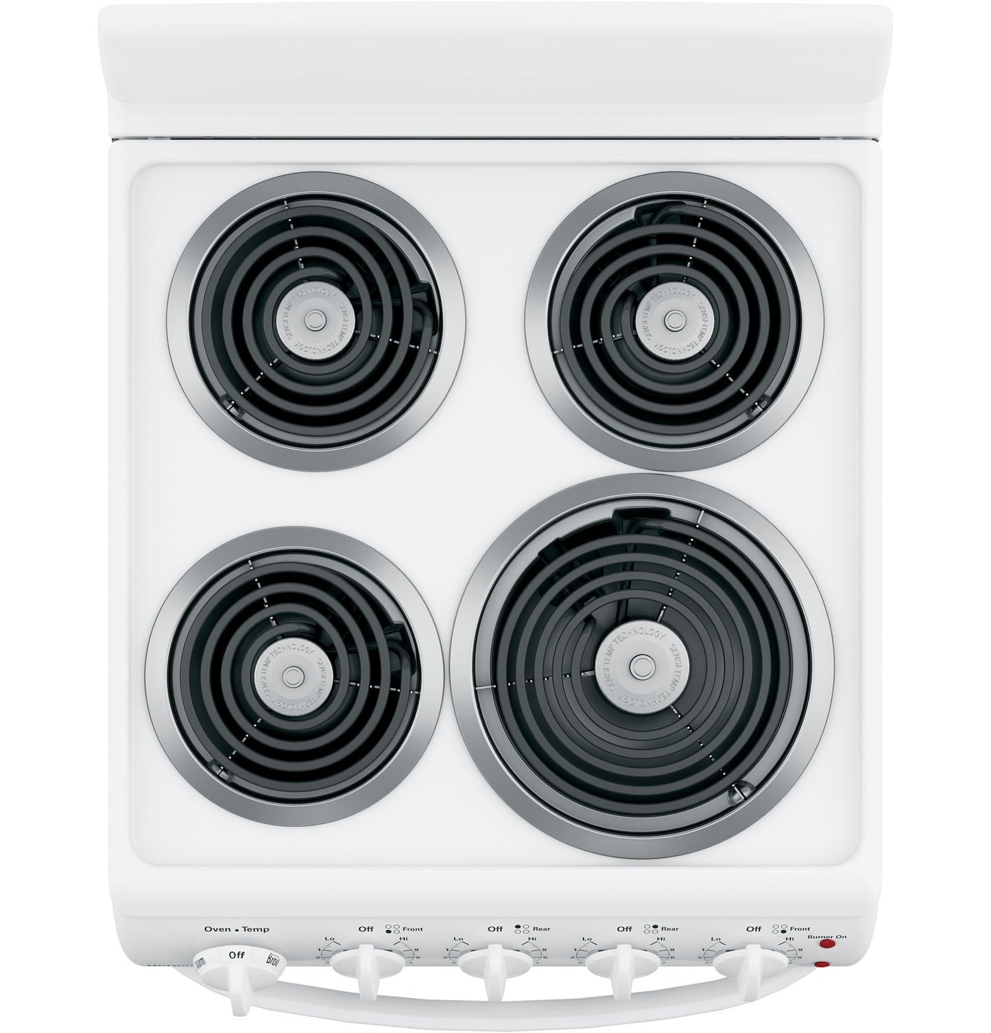 Top view of white electric range with four coil burners and front control knobs in kitchen appliances collection