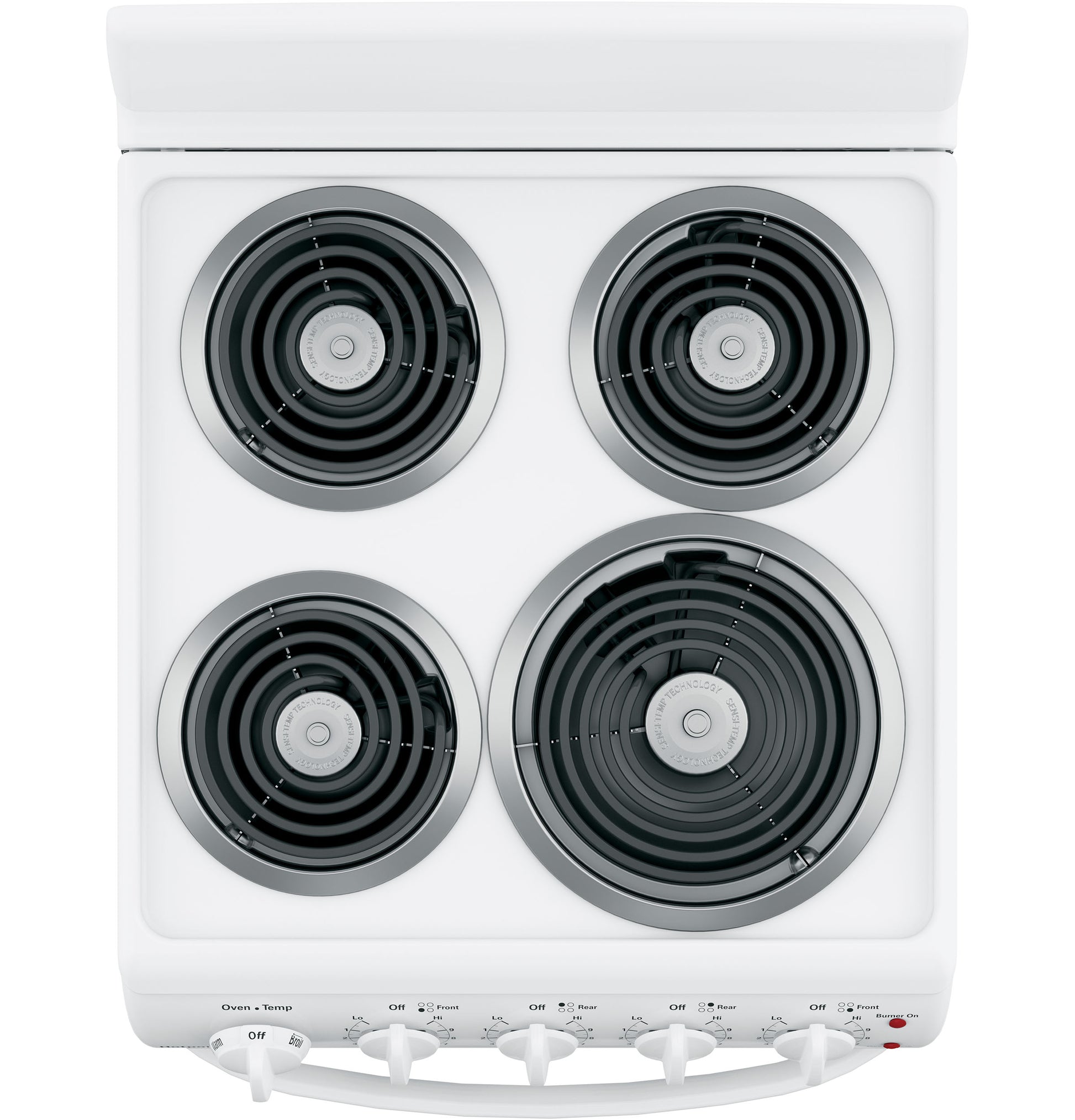 Top view of white electric range with four coil burners and front control knobs in kitchen appliances collection