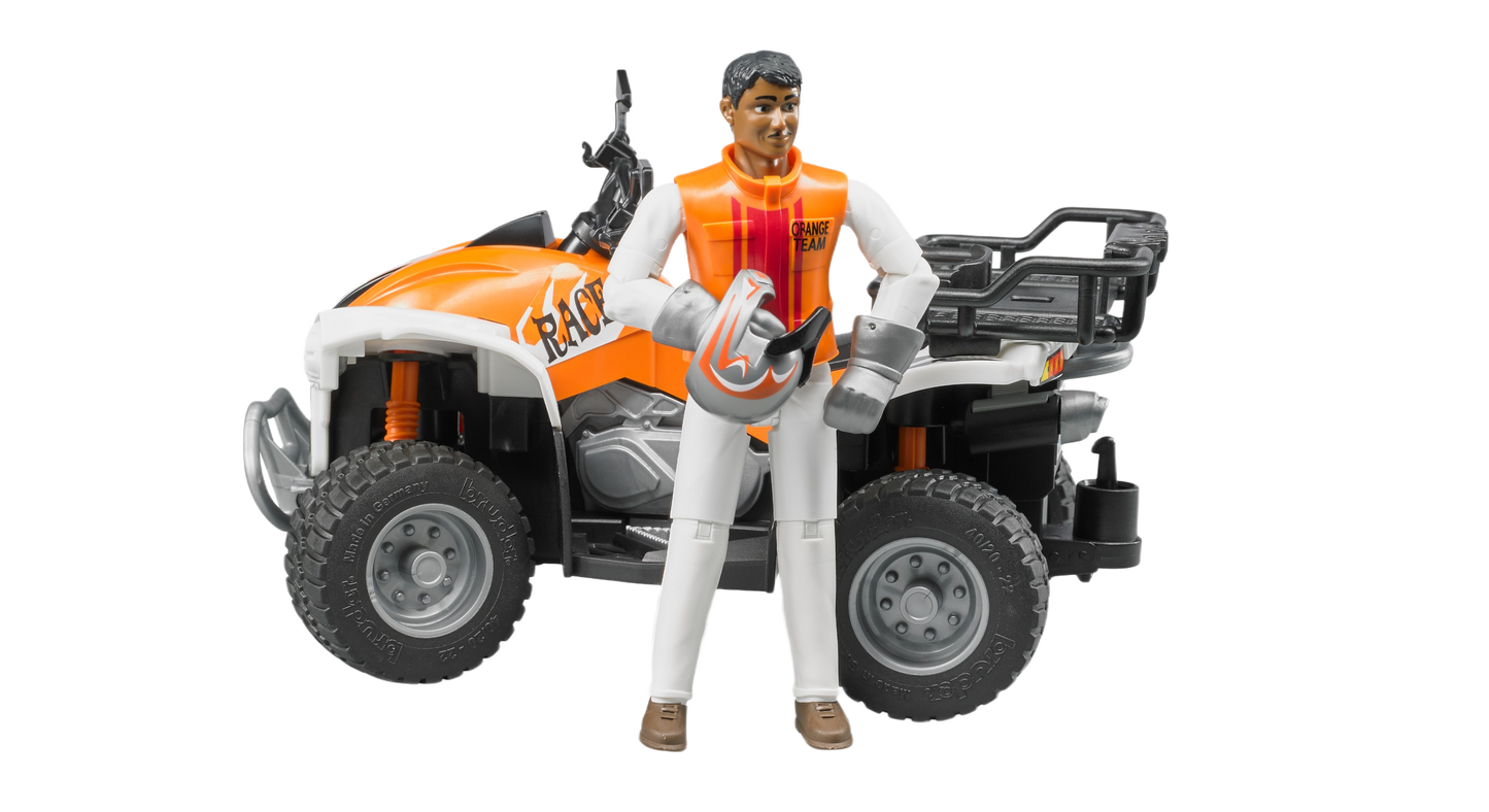 Orange and white quad bike toy with driver figure wearing orange vest and holding helmet from Bruder Toys collection