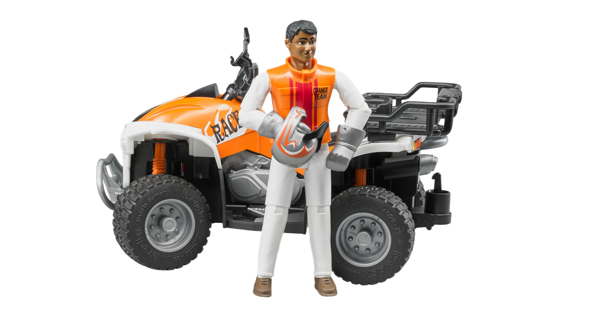 Orange and white quad bike toy with driver figure wearing orange vest and holding helmet from Bruder Toys collection