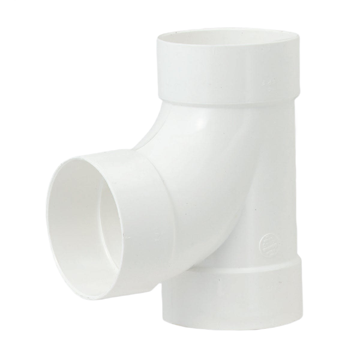 White 6-inch sanitary tee PVC fitting for sewer and drain pipes in plumbing and home improvement collections