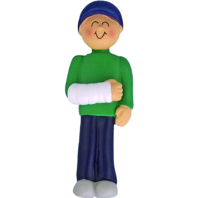 Smiling male figurine wearing blue cap and green shirt with white cast on arm Christmas ornament under $50 collection