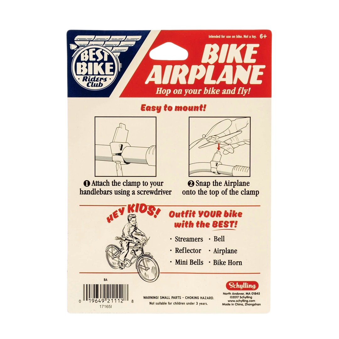 Retail packaging for a bike accessory with instructions to mount a decorative airplane on handlebars.