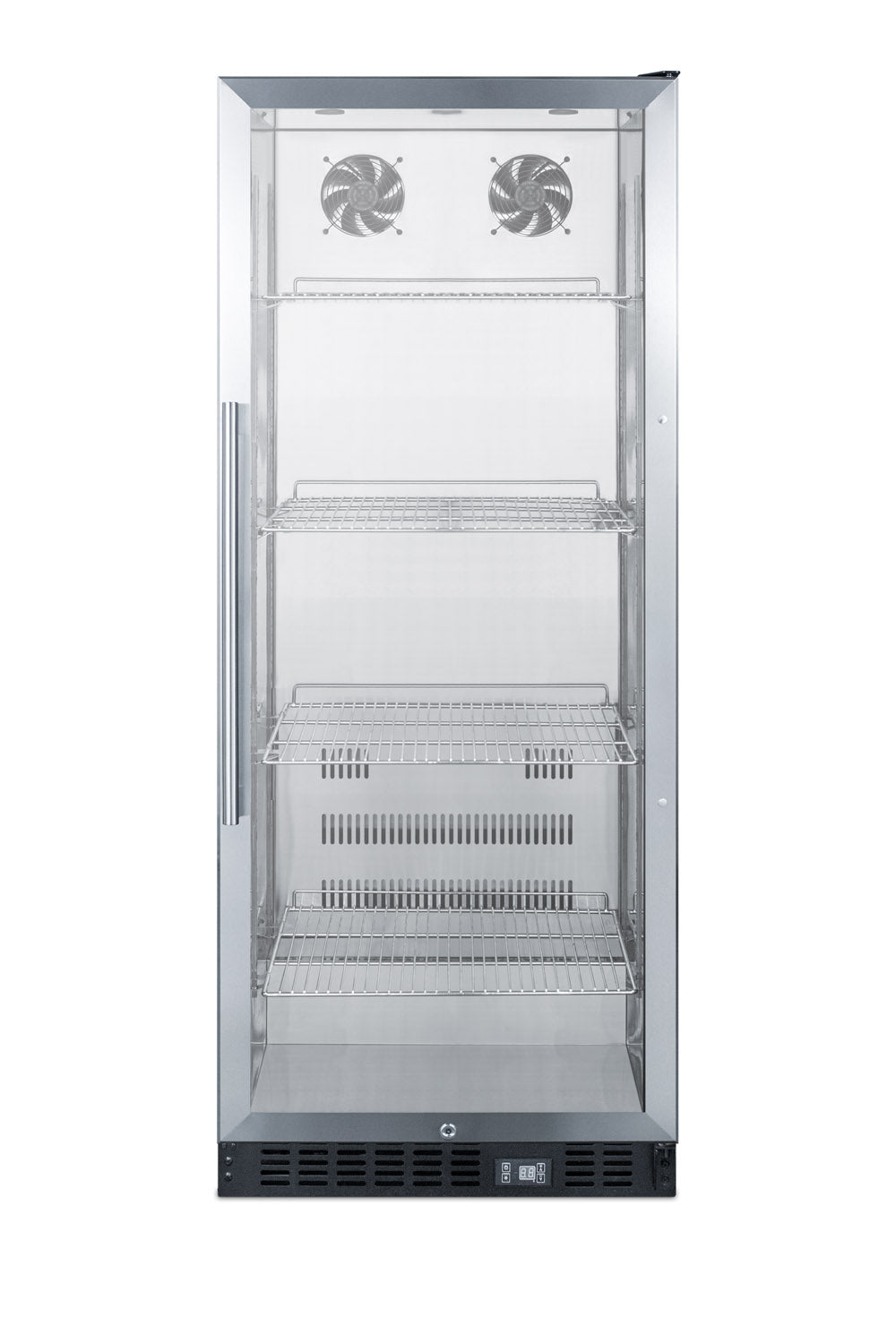 Commercial-grade stainless steel beverage center with glass door, adjustable wire shelves, and digital temperature display in appliances collection
