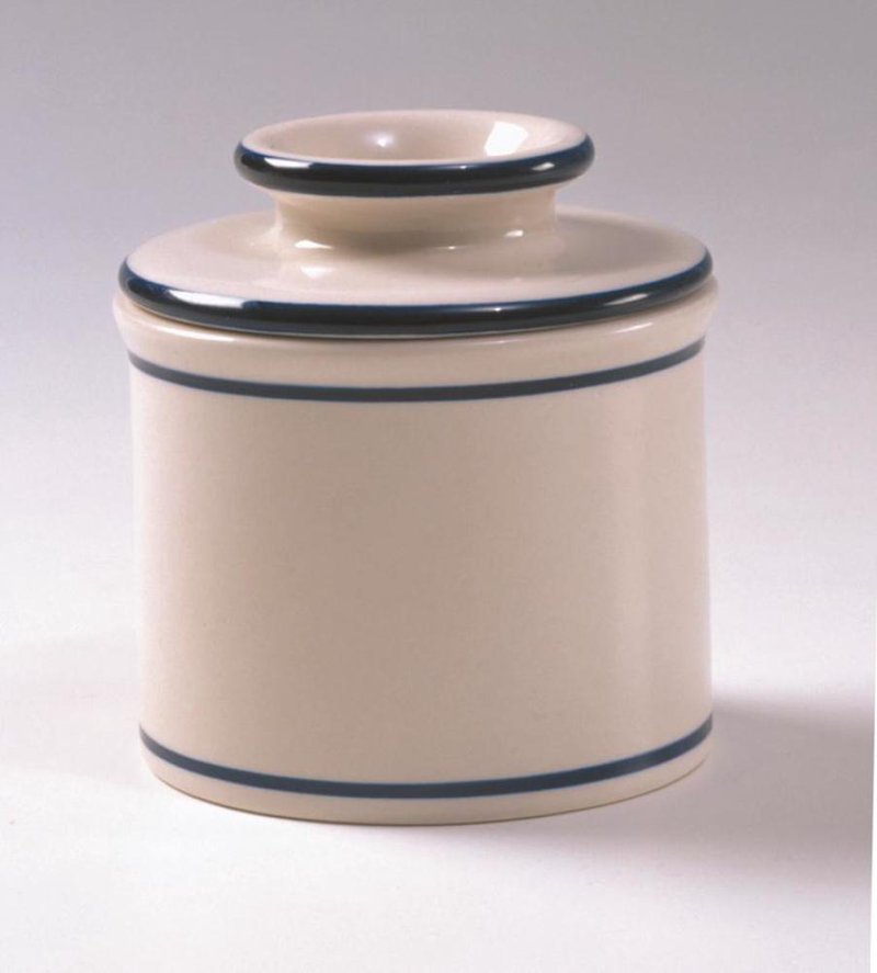 Cream stoneware butter keeper featuring bold blue bands, perfect for kitchenware and under $50 collections