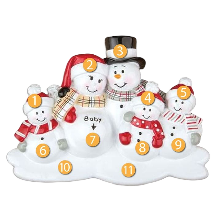 Personalized snowman family ornament with expecting parents and three children from Christmas Ornaments & Tree Decorations collection