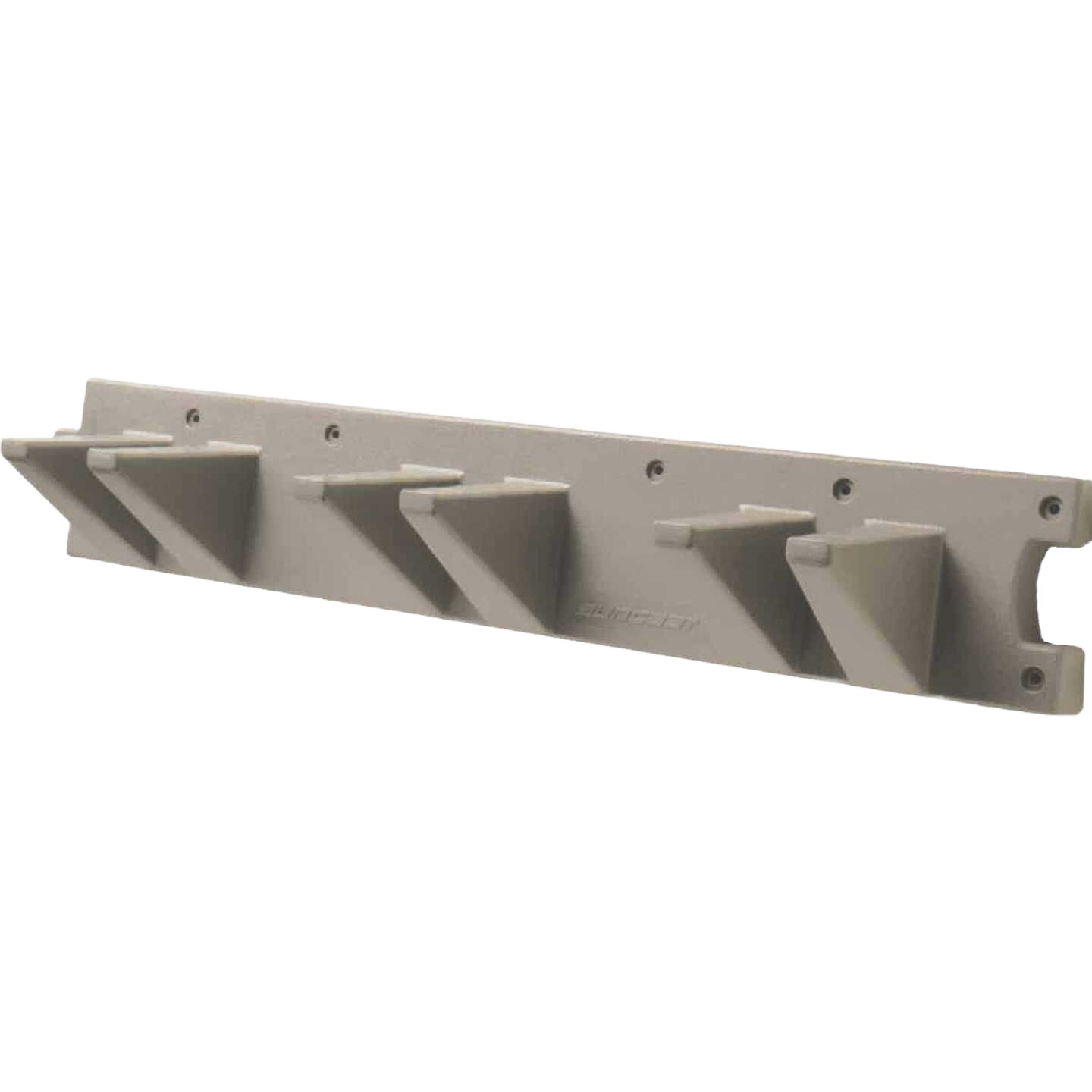 Beige wall-mounted tool rack with five pegs for organizing long-handled tools in storage and hardware collections under $50