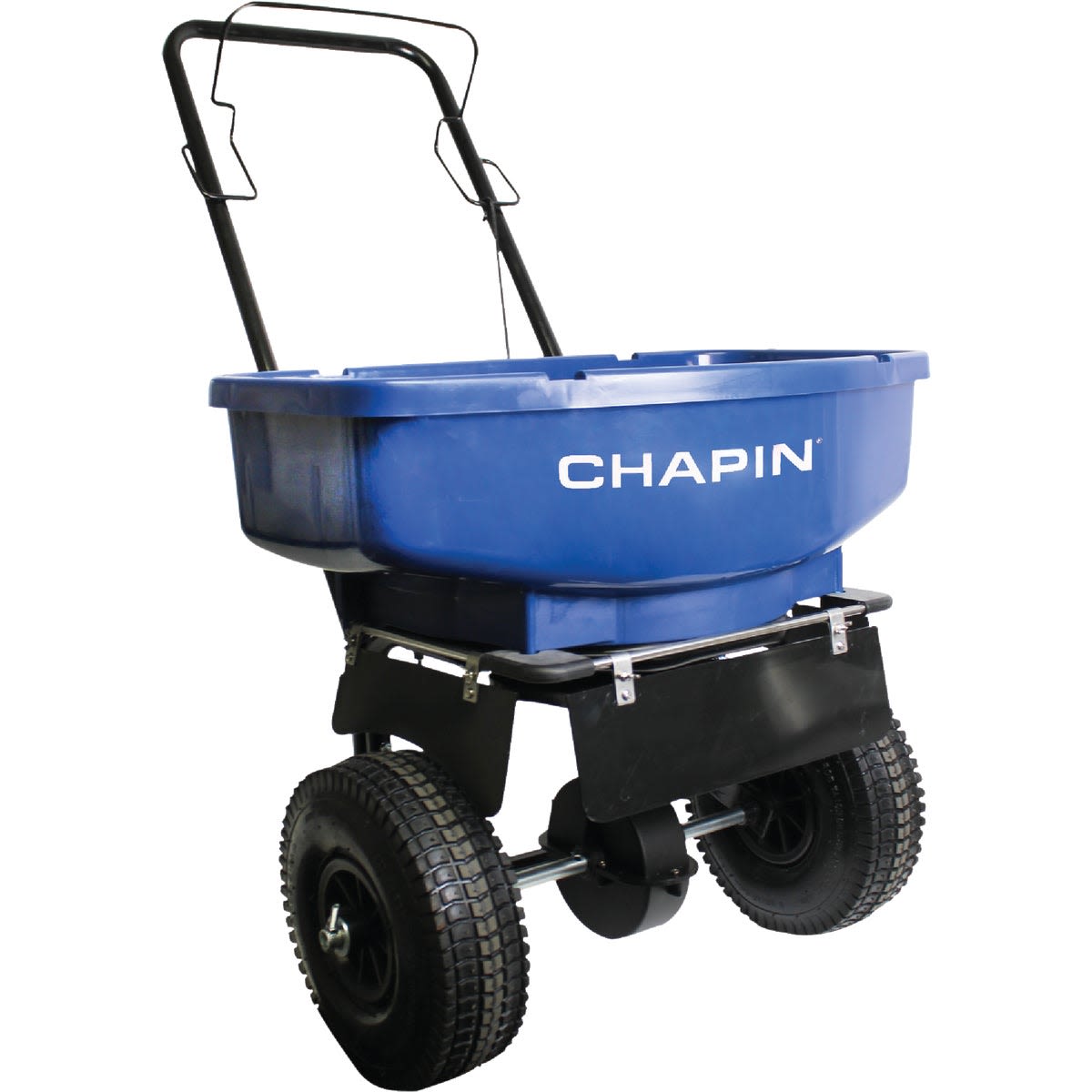 Blue push spreader with large wheels and metal handle for spreading salt and ice melt in home maintenance tasks