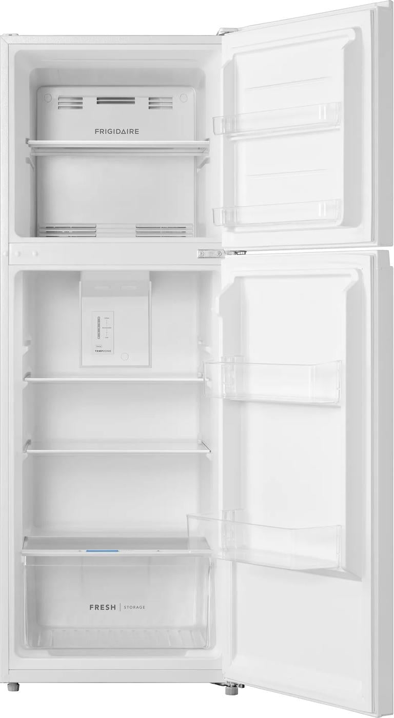 Open white top freezer refrigerator featuring adjustable shelves, door bins, and a humidity-controlled crisper drawer, suited for Refrigerators and Appliances collections.
