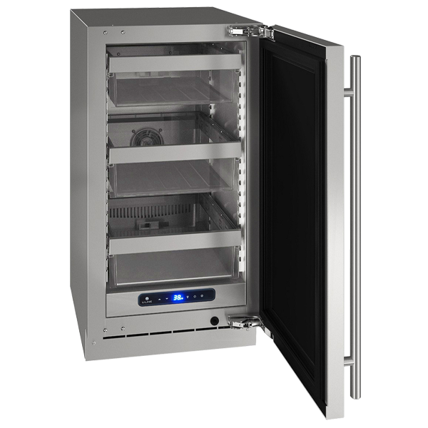 Compact stainless steel refrigerator with open door showing adjustable glass shelves and digital temperature control in Appliances collection
