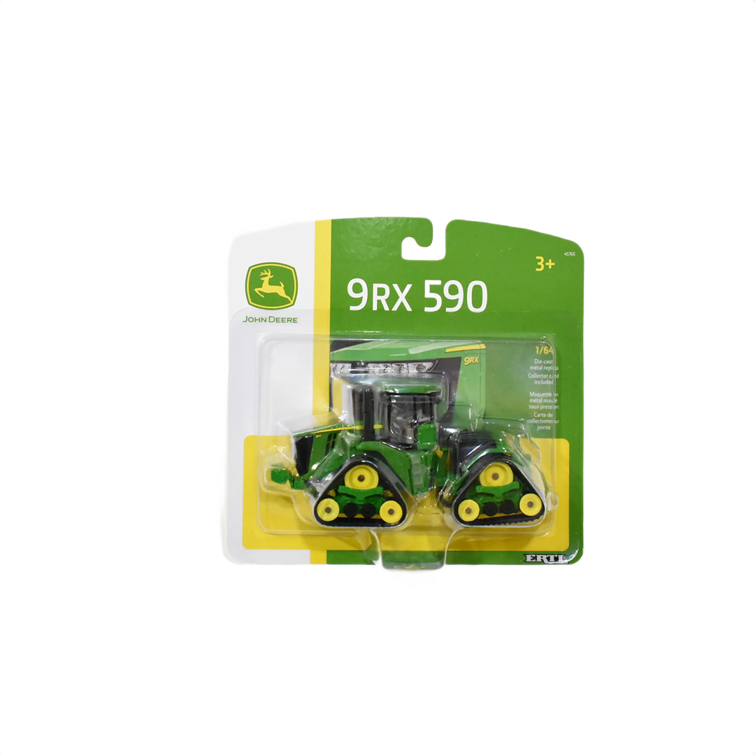 Green and yellow toy tractor model with rubber tracks packaged for children ages 3 and up