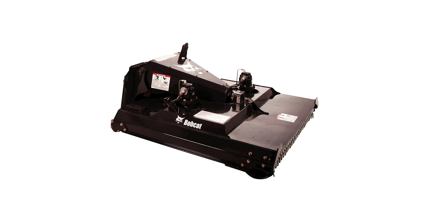 Heavy-duty black rotary brush cutter attachment designed for landscaping and earthmoving tasks, available for rental equipment at Hartville Hardware.