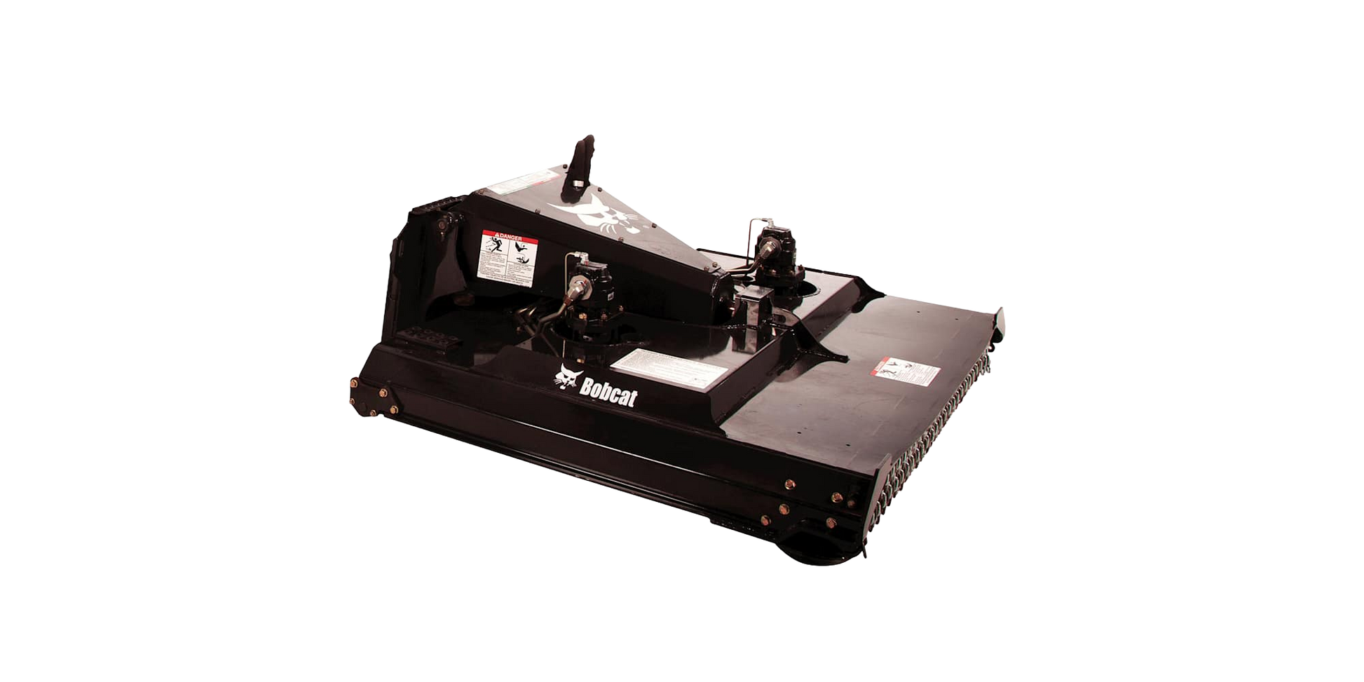 Heavy-duty black rotary brush cutter attachment designed for landscaping and earthmoving tasks, available for rental equipment at Hartville Hardware.