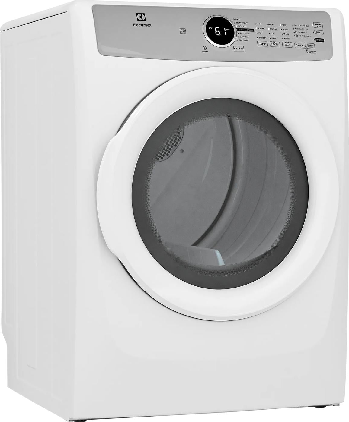 White front load electric dryer with round glass door and digital display in appliances and dryers collections