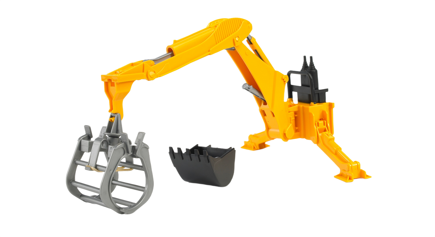 Yellow Bruder rear hydraulic arm with detachable grapple and black scoop for tools and home improvement projects