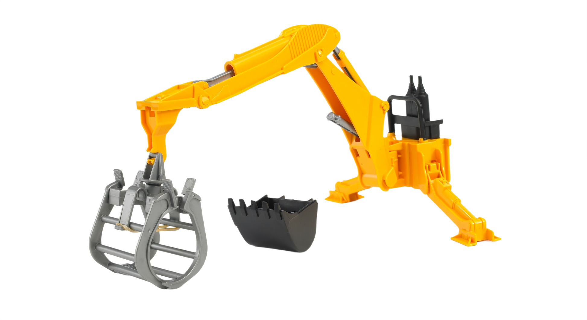 Yellow Bruder rear hydraulic arm with detachable grapple and black scoop for tools and home improvement projects