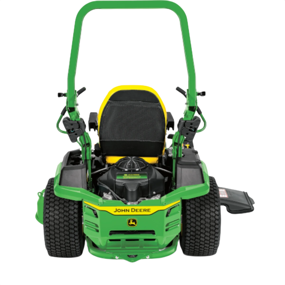 Front view of green and yellow zero-turn mower with robust tires and safety roll bar for efficient home improvement tasks