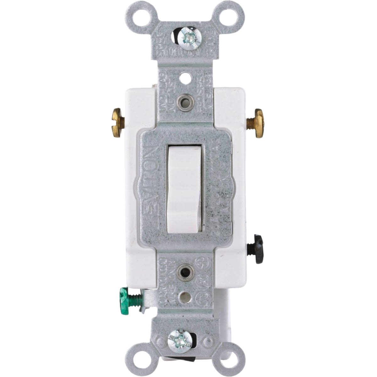 White grounded toggle switch with metal mounting frame designed for quiet operation in home improvement projects