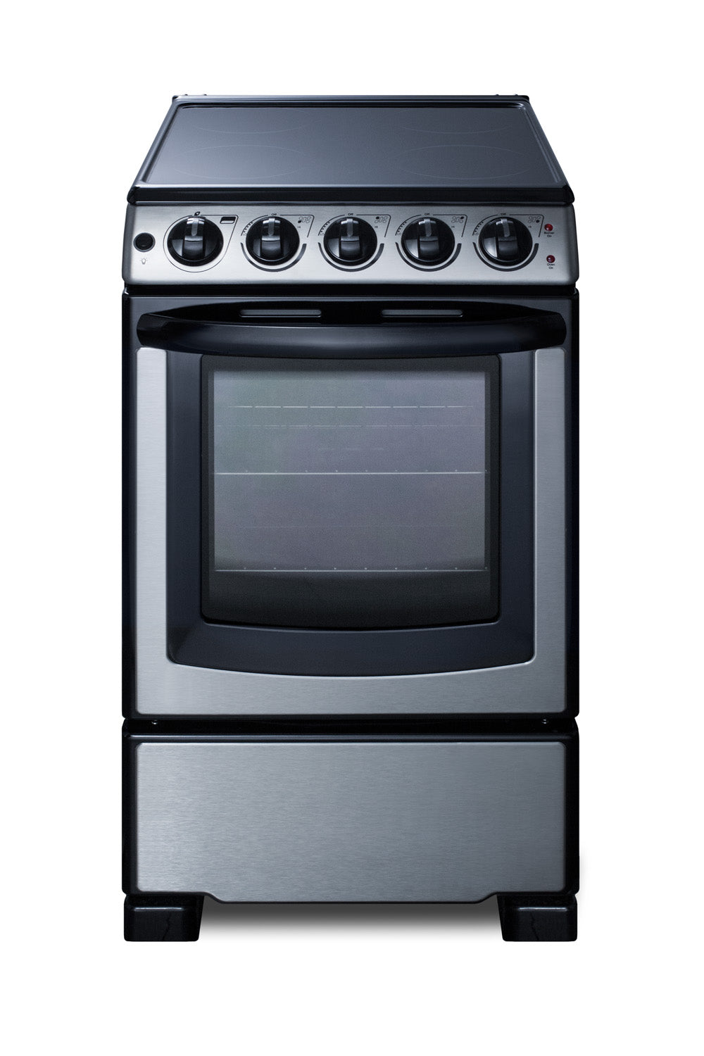 Compact stainless steel electric range with smooth cooktop and front control knobs in Ranges and Kitchenware collections
