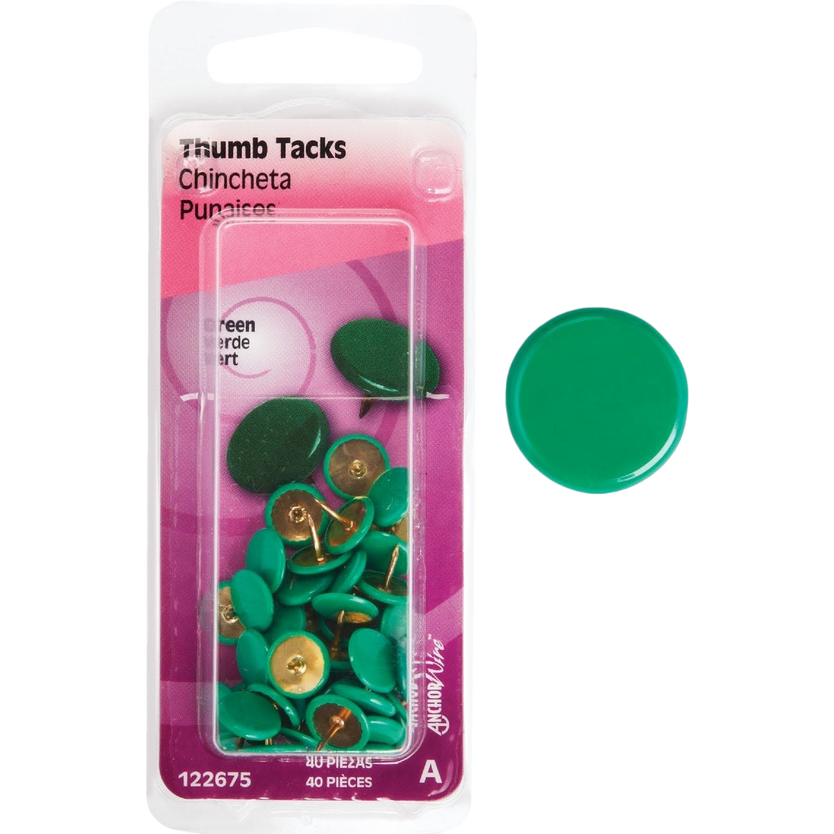 Package of green thumb tacks with round plastic heads and sharp metal points in hardware fasteners collection