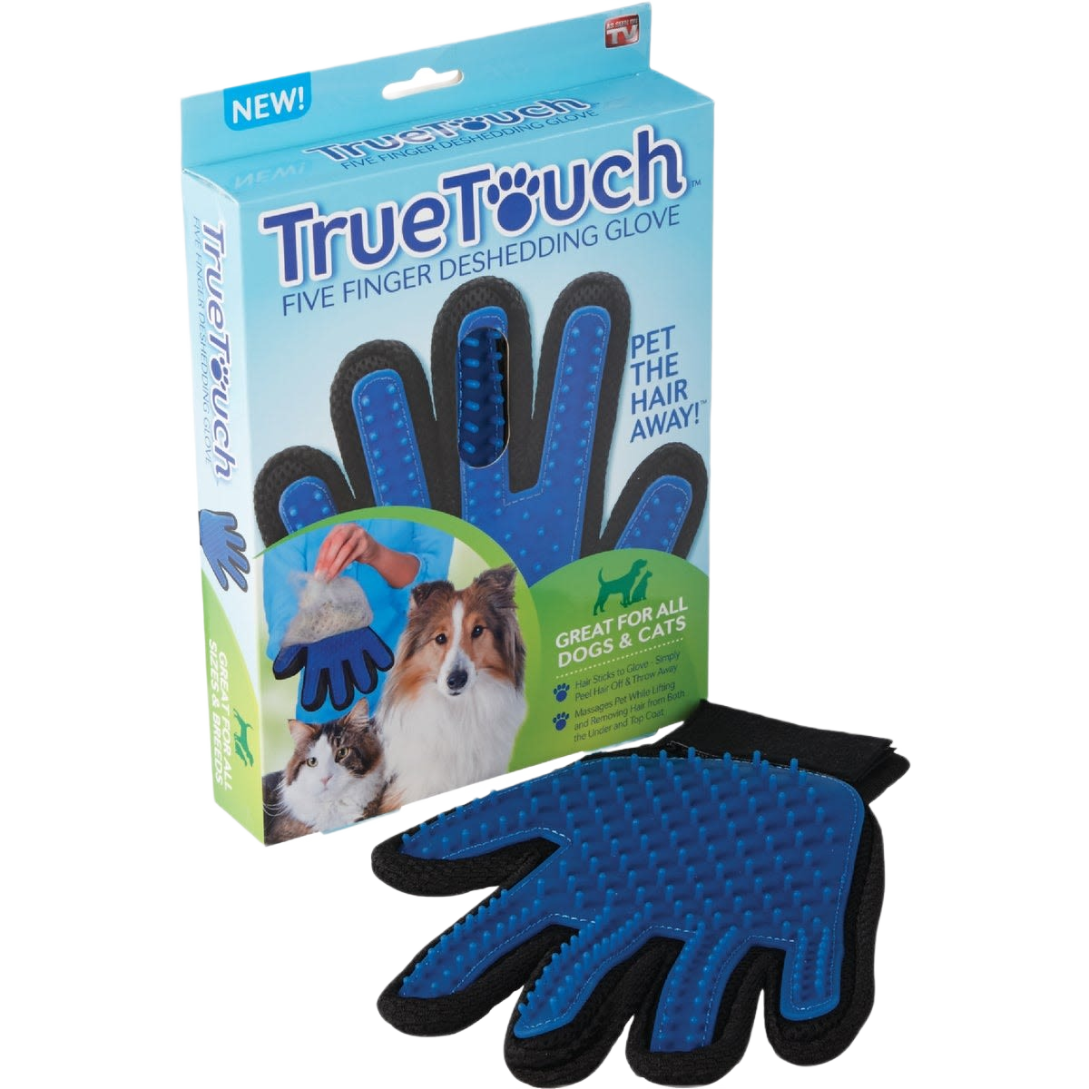 Blue silicone-tipped grooming glove with five fingers designed for gentle pet deshedding and hair removal