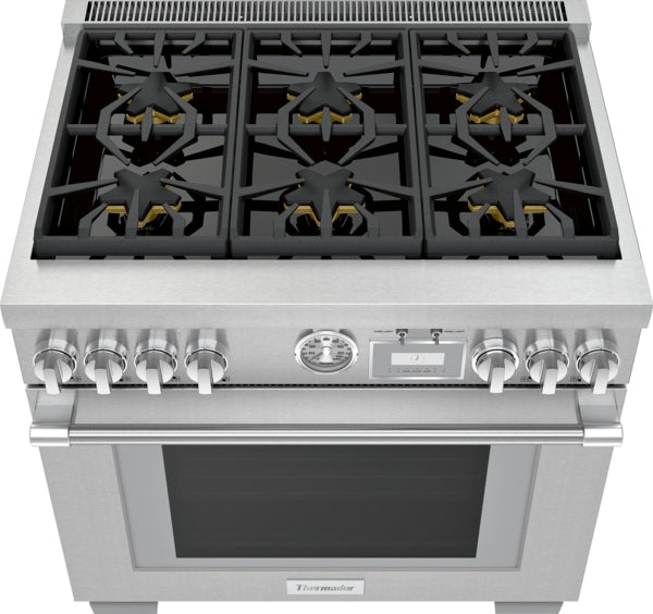 36-inch stainless steel gas range with six burners, control knobs, and oven in kitchen appliances collection