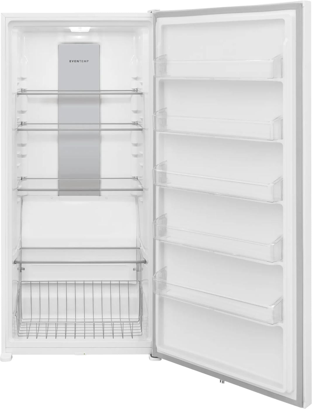 White upright freezer with multiple clear shelves and wire basket in Freezers & Ice Makers and Appliances collections