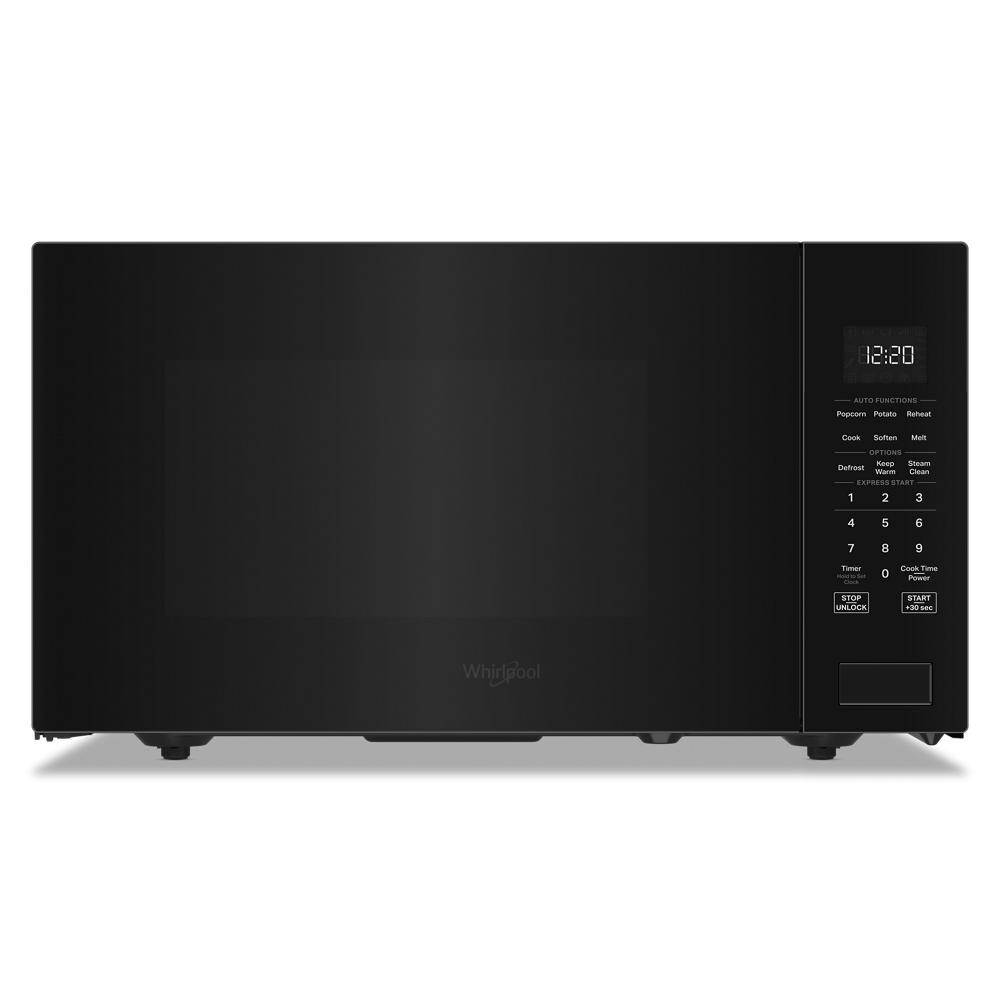 Black Whirlpool microwave with digital control panel, numeric keypad, and sensor cooking features from Microwaves collection