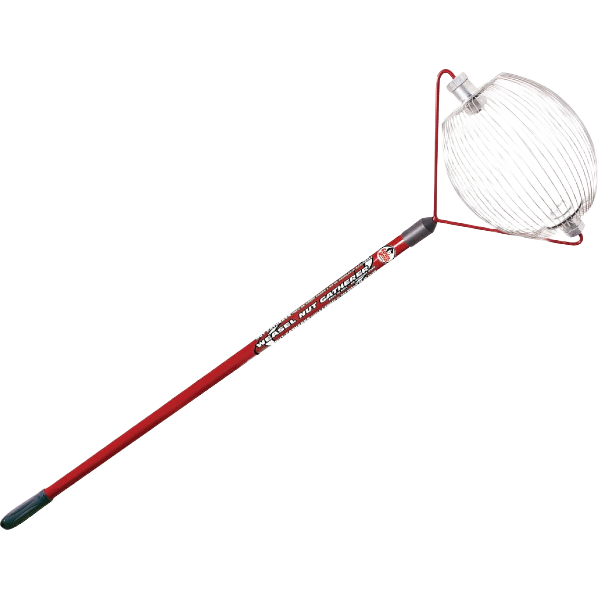 Powder coated metal nut gatherer with medium wire basket and long red handle for outdoor lawn and garden tools collection