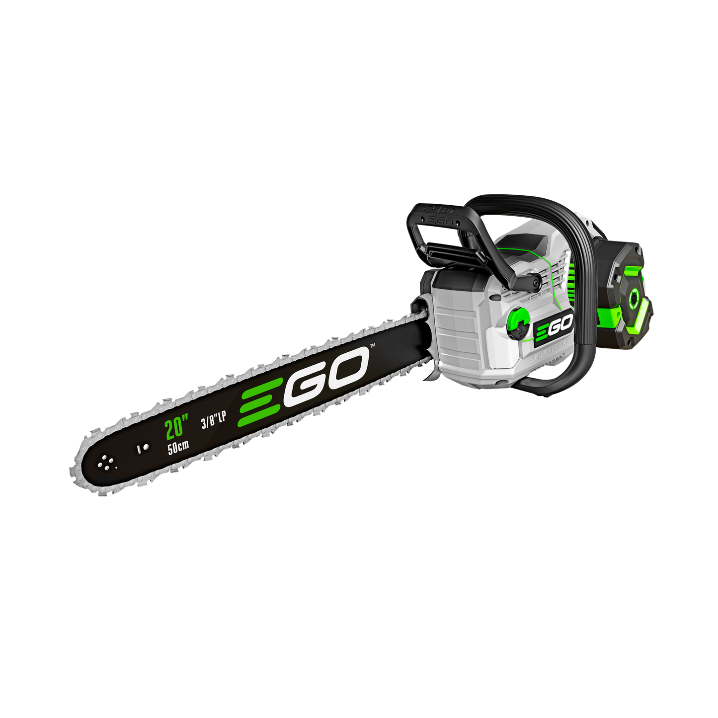 20-inch cordless chainsaw with black bar, green accents, battery pack, and ergonomic handle for home improvement tasks